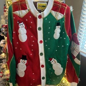 Tipsy Elves Festive Red and Green with plaid, full button Cardigan Mens Medium